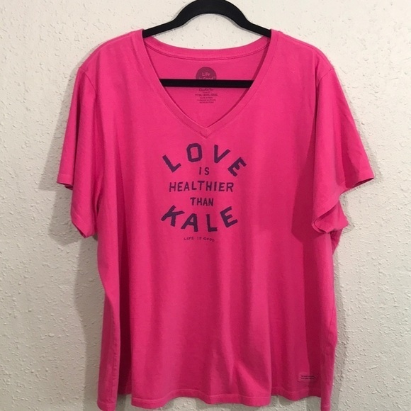 Life is Good “Love is Healthier than Kale” Pink V-Neck Screen Print T-Shirt - Picture 1 of 10